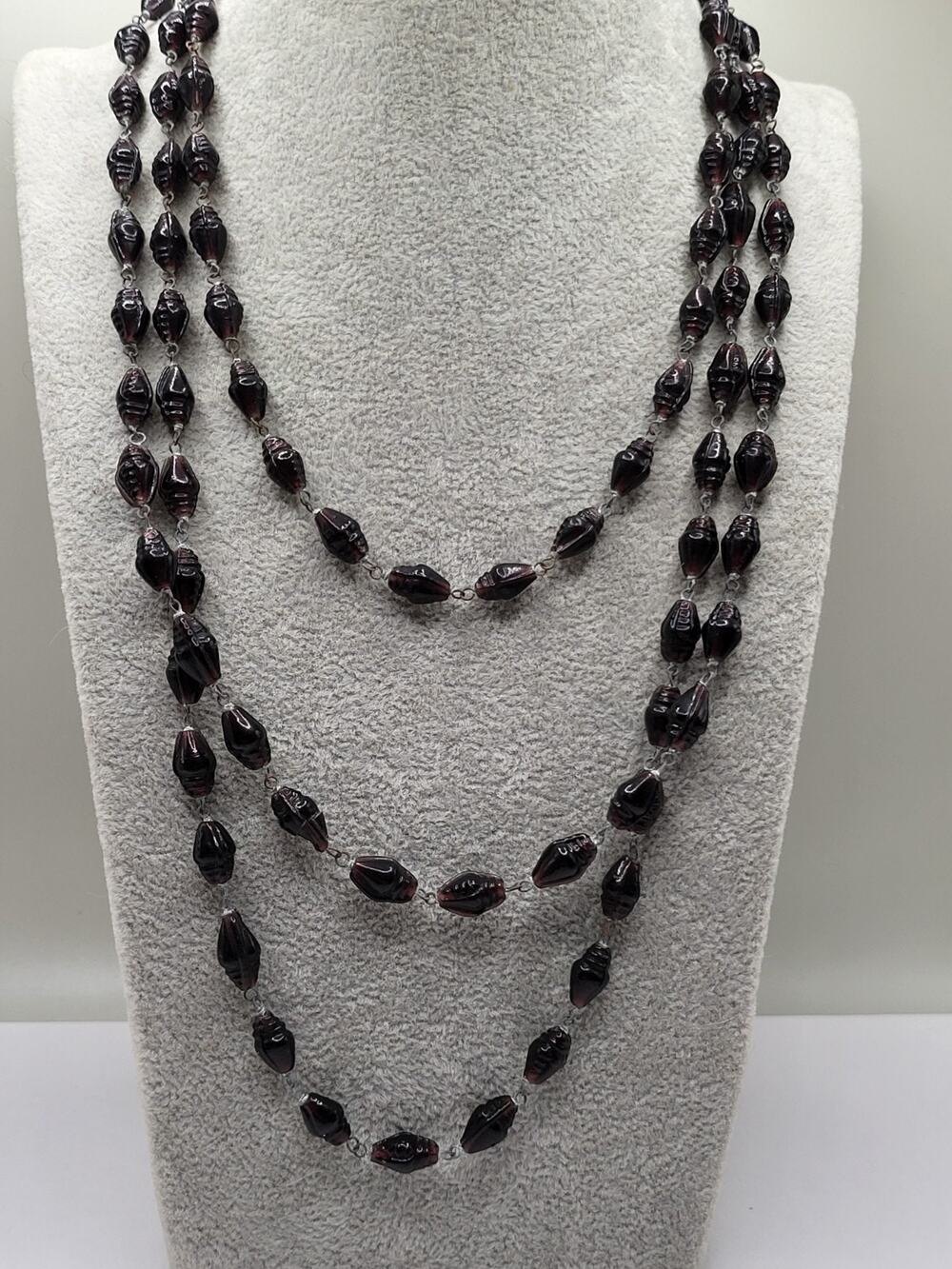 Vintage 60 in Hand Linked Molded Glass Bead Necklace Deep Plum Purple Black